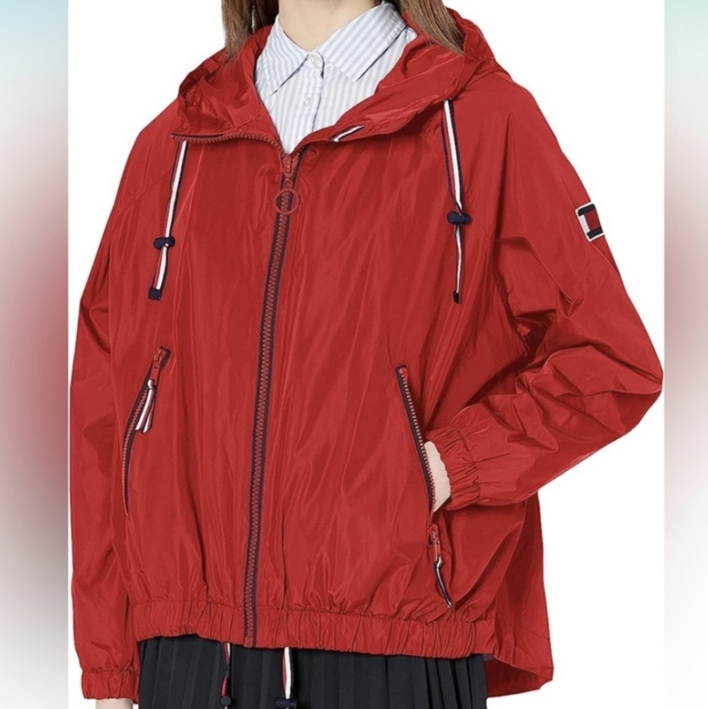 Tommy Hilfiger Rain Jacket Red Zip Up with Hood women size Large